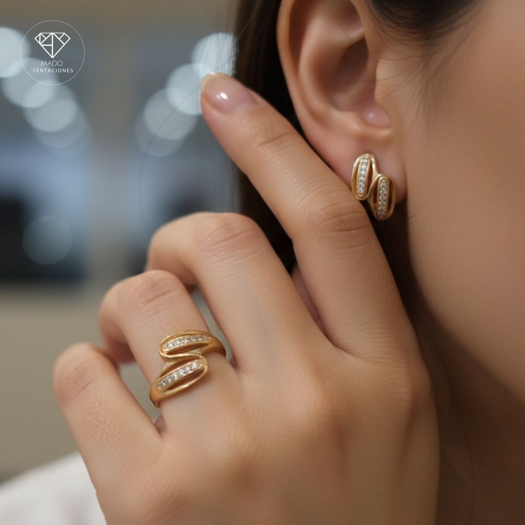 Juego Anillo Aretes Ondas