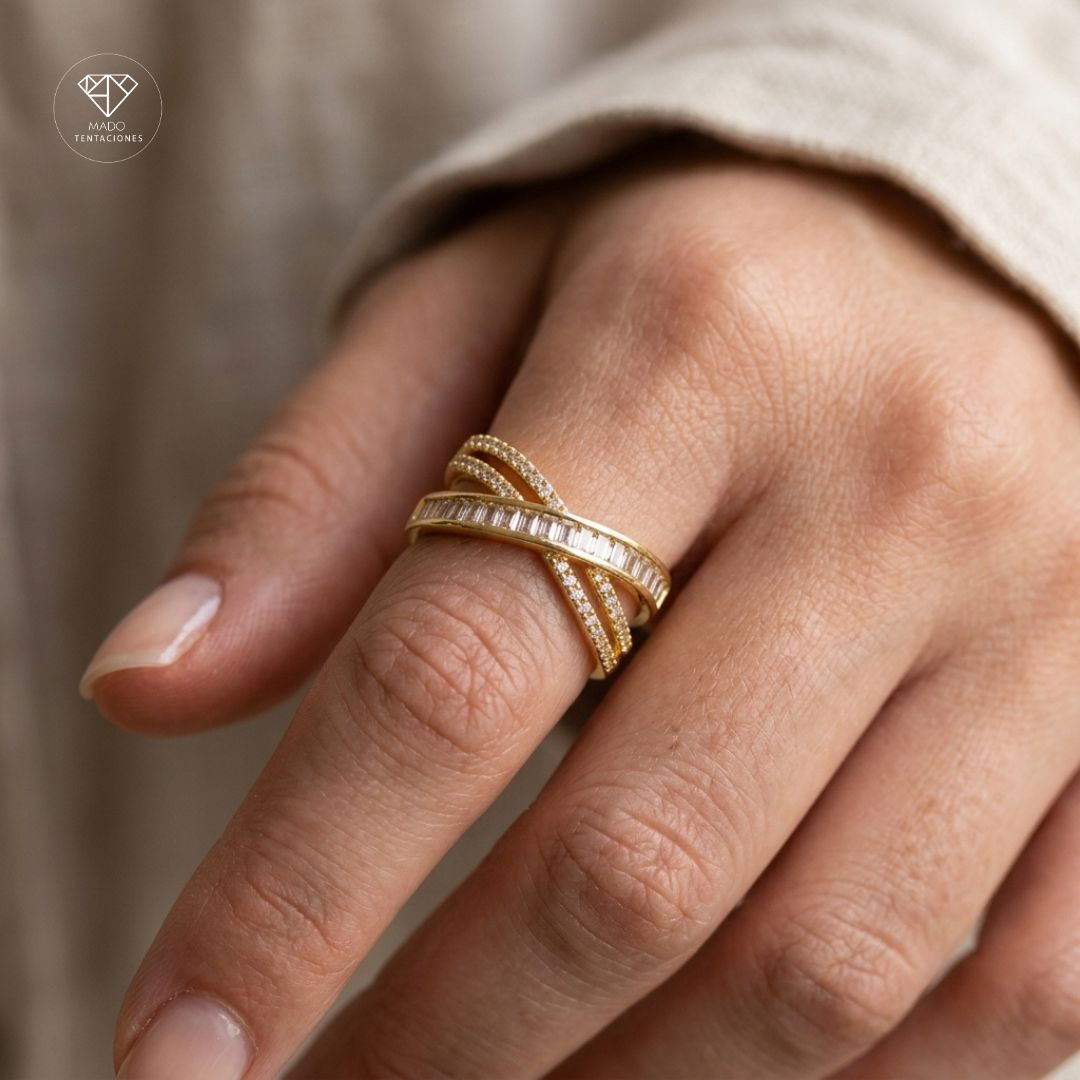 Anillo Cruzado Baguette Pavé