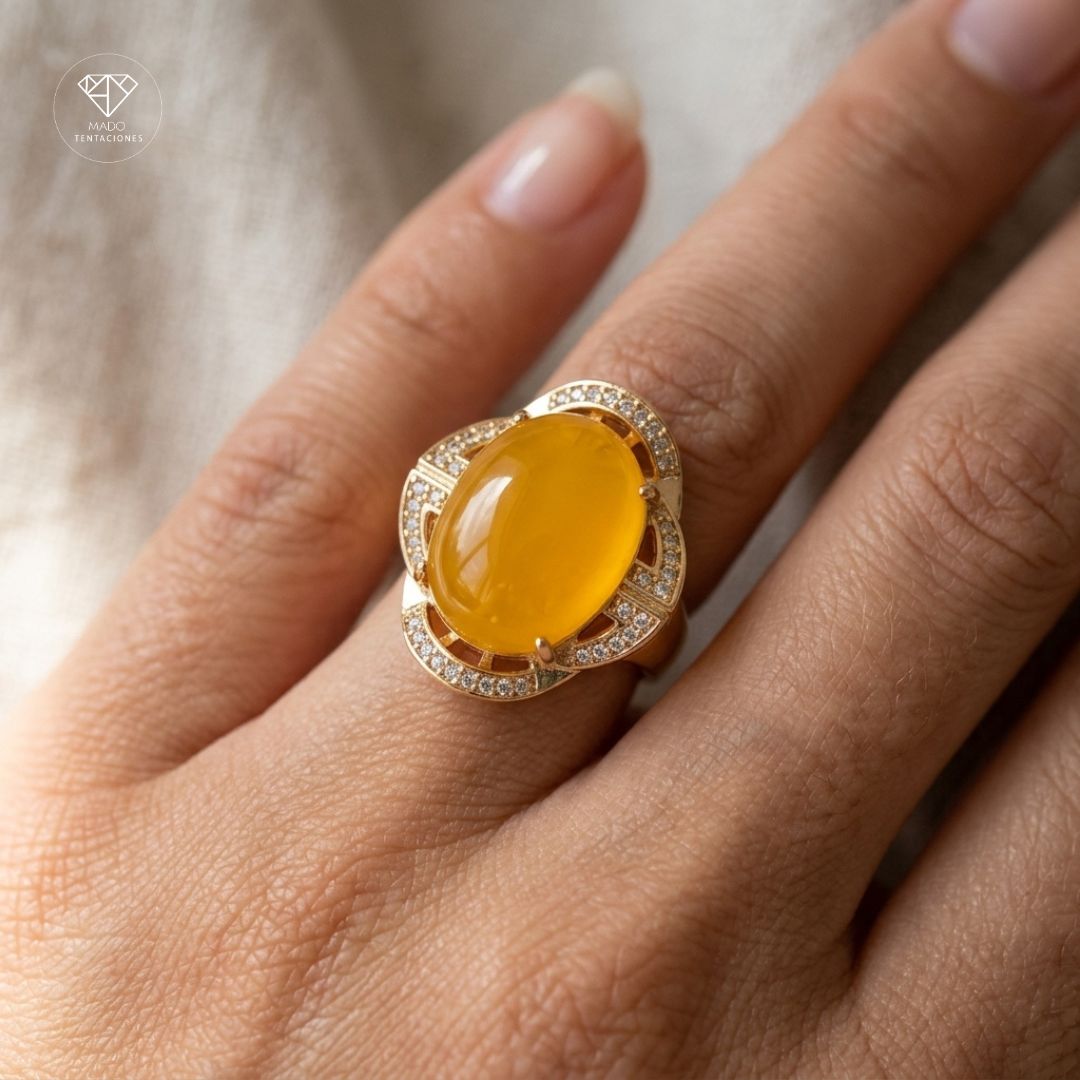 Anillo Gema Ámbar Ovalada