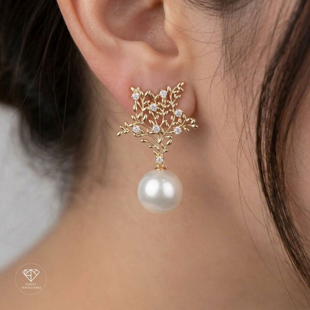 Aretes Hojas Perla Colgante