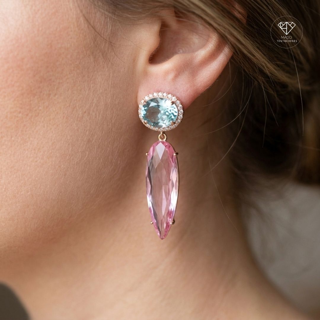 Broqueles Cristal Aguamarina Rosa