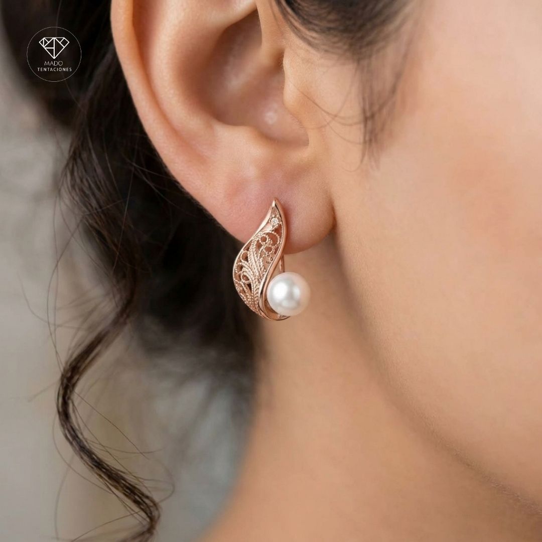 Aretes Perla Filigrana Hoja