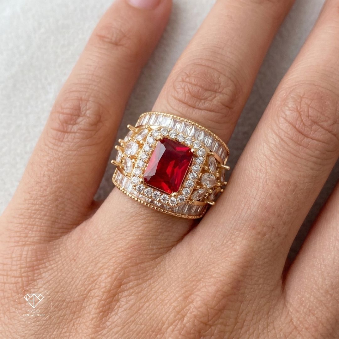 Anillo Banda Cristal Rubí Baguette