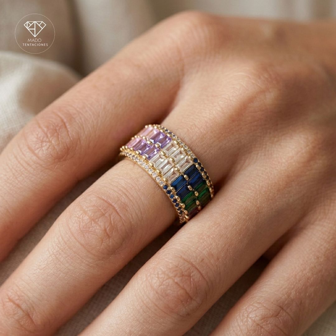 Anillo Banda Ancha Baguette Multicolor