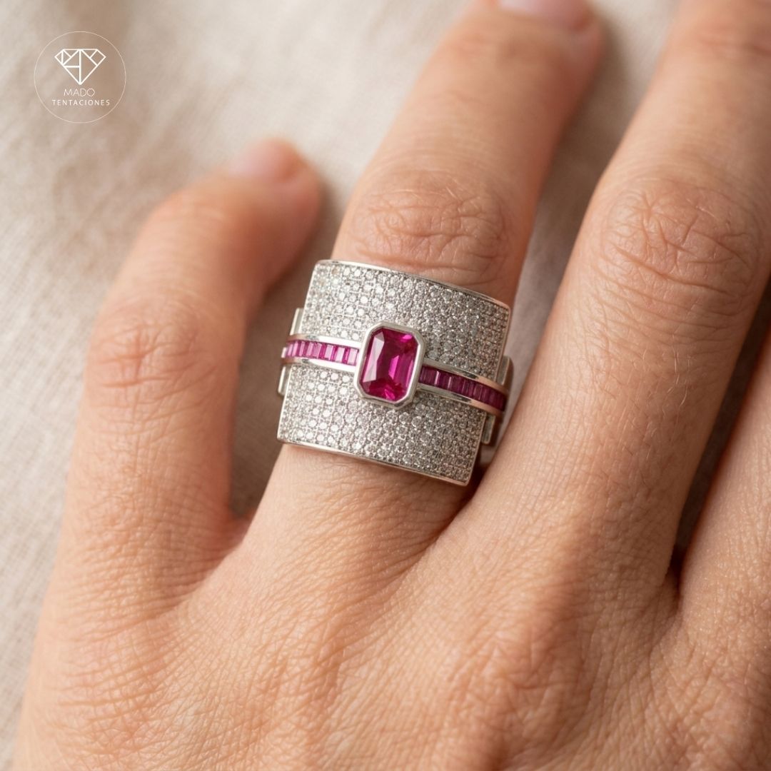 Anillo Maxi Pavé Rubí Platinado