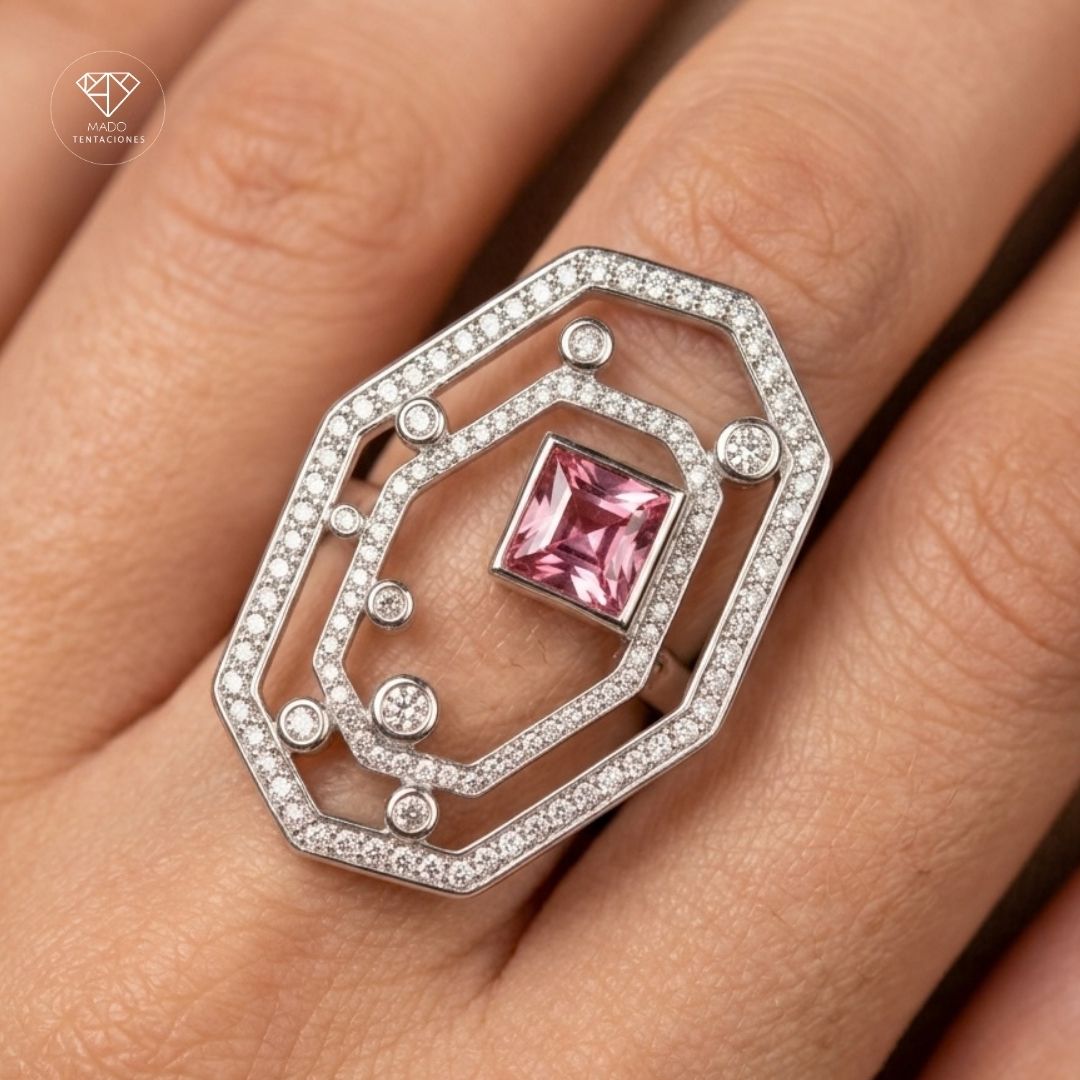 Anillo Cóctel Rosa Geométrico