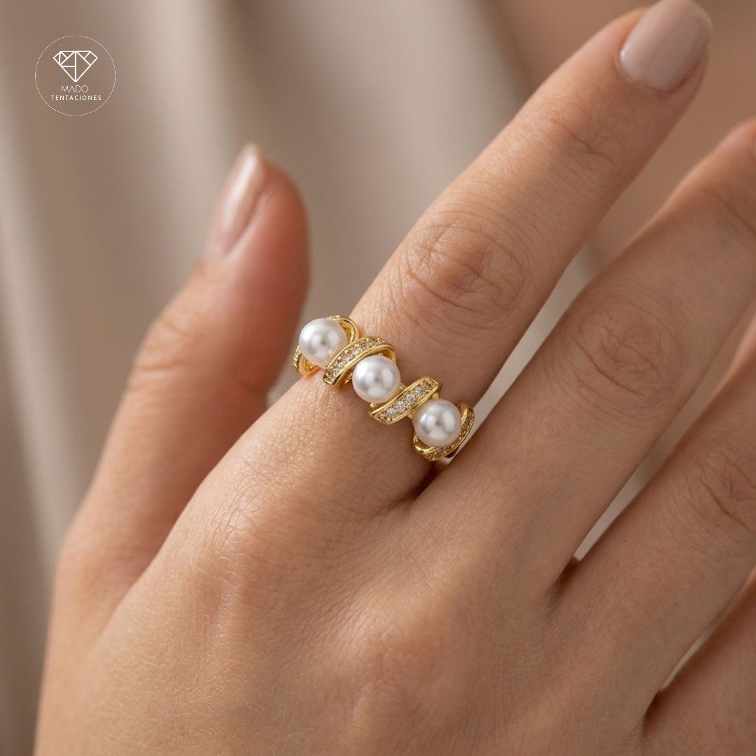 Anillo Perlas Y Pavé Dorado