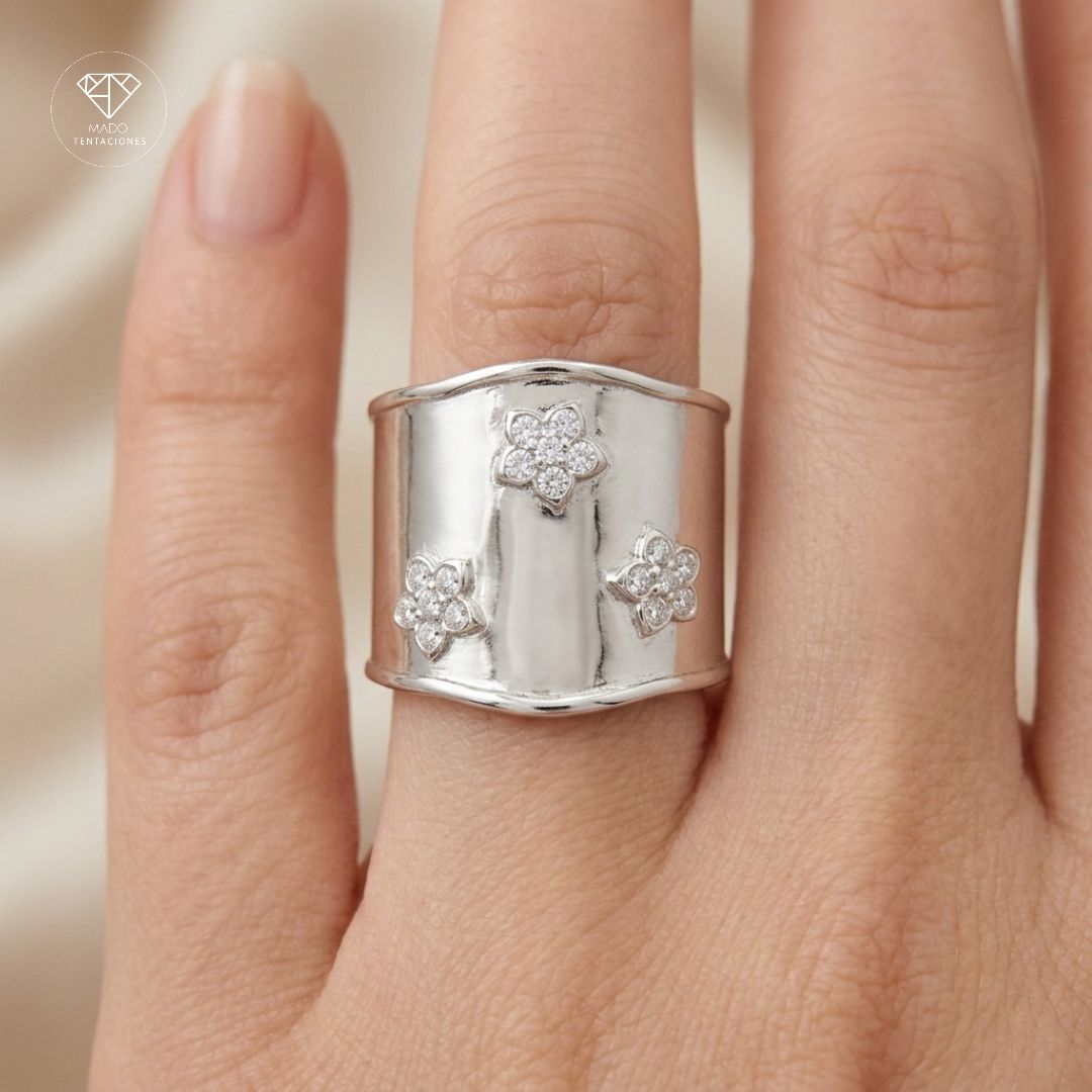 Anillo Maxi Flores Platinado