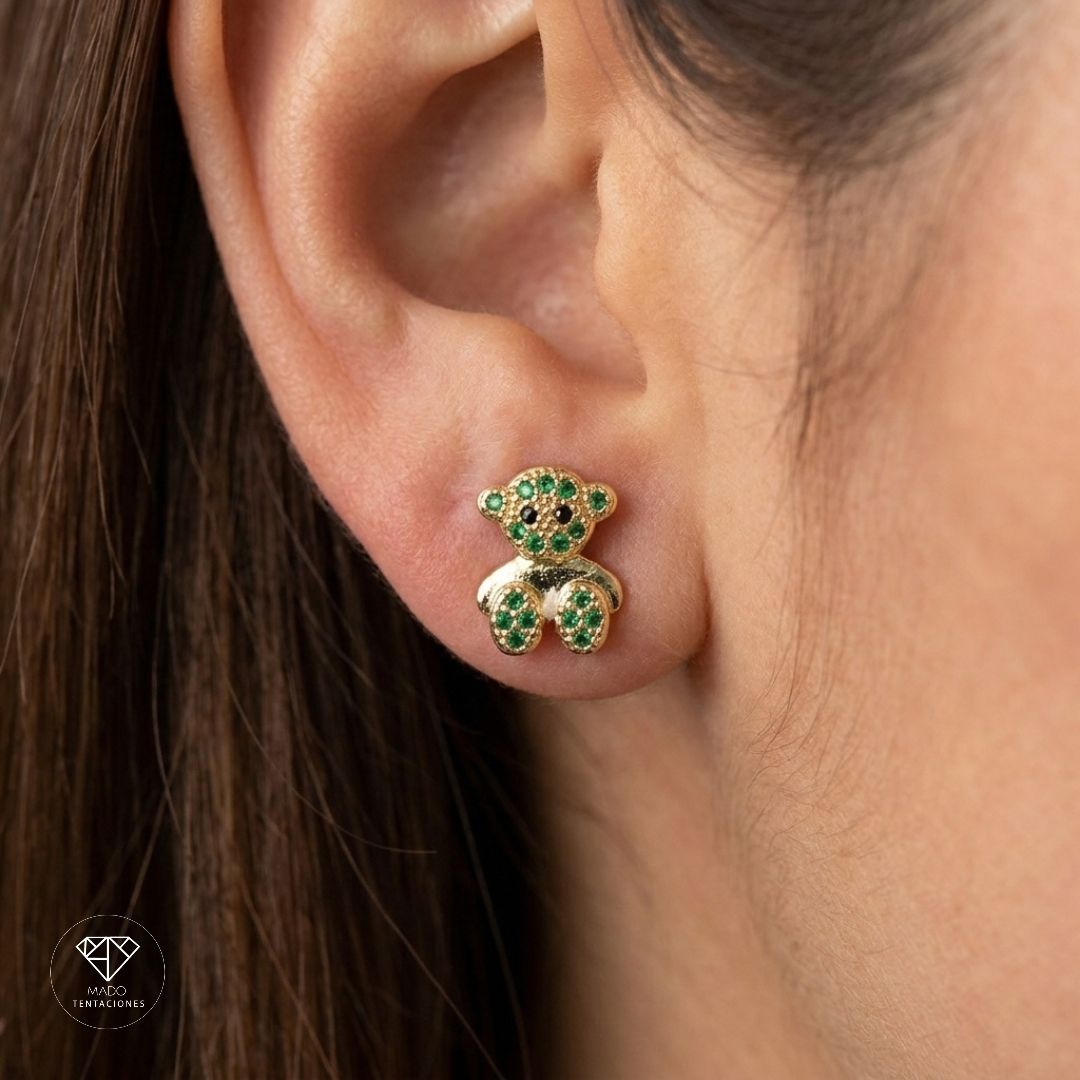 Broqueles Osito Pavé Esmeralda
