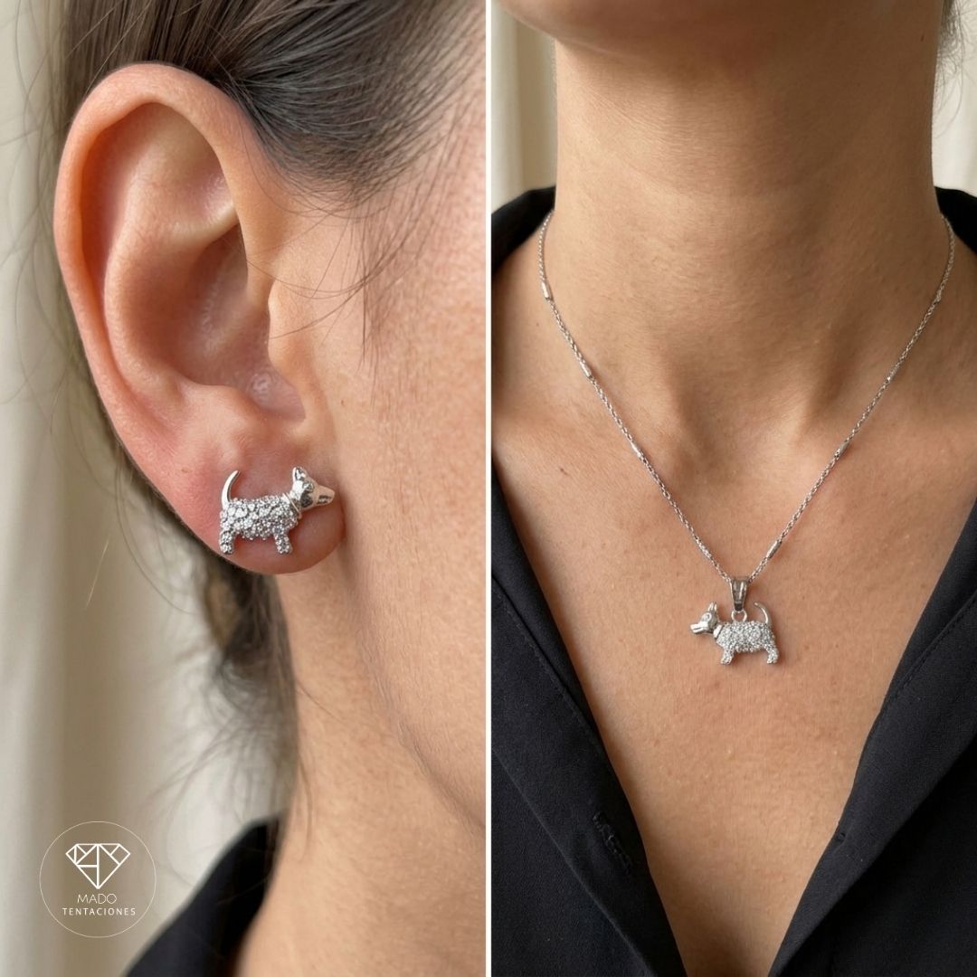 Juego Collar Aretes Perrito Pavé