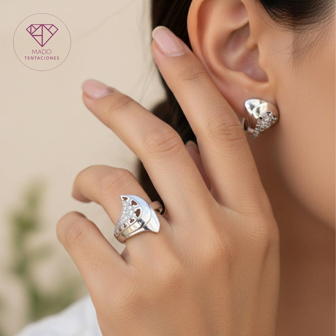Set Anillo Aretes Geométrico