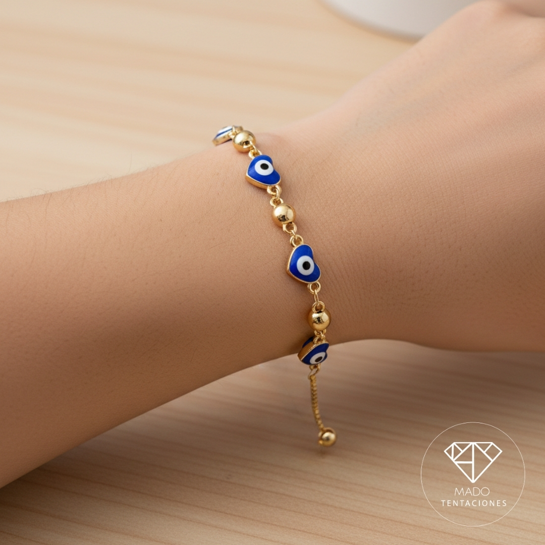 Pulsera Ajustable Corazones Ojo Turco