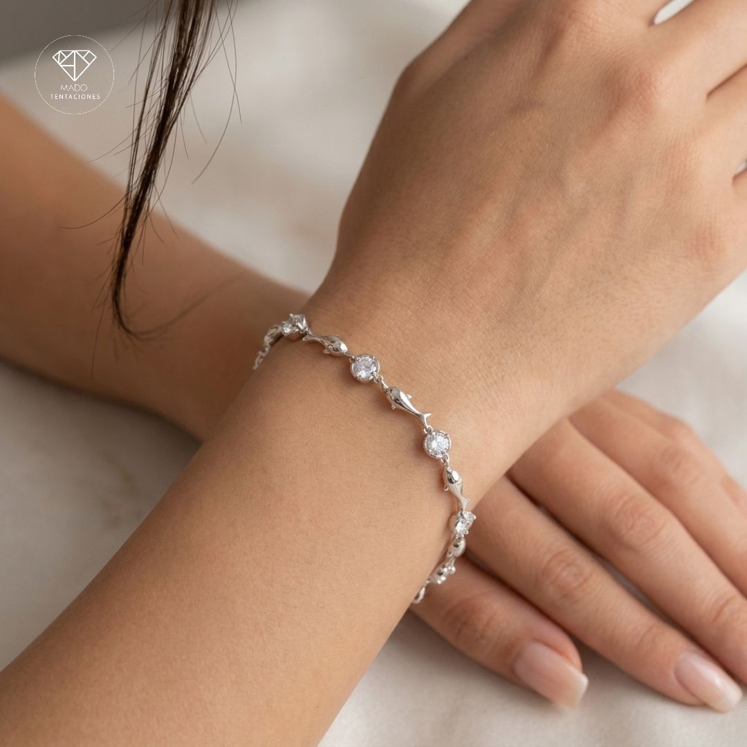 Pulsera Platinada Delfines Brillantes